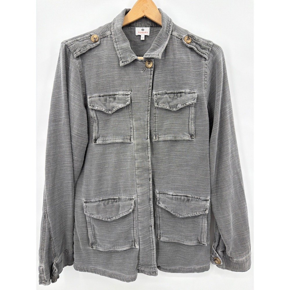 Sundry Women's 2 Gray Cotton Star Embroidered Military Utility Jacket Patriotic